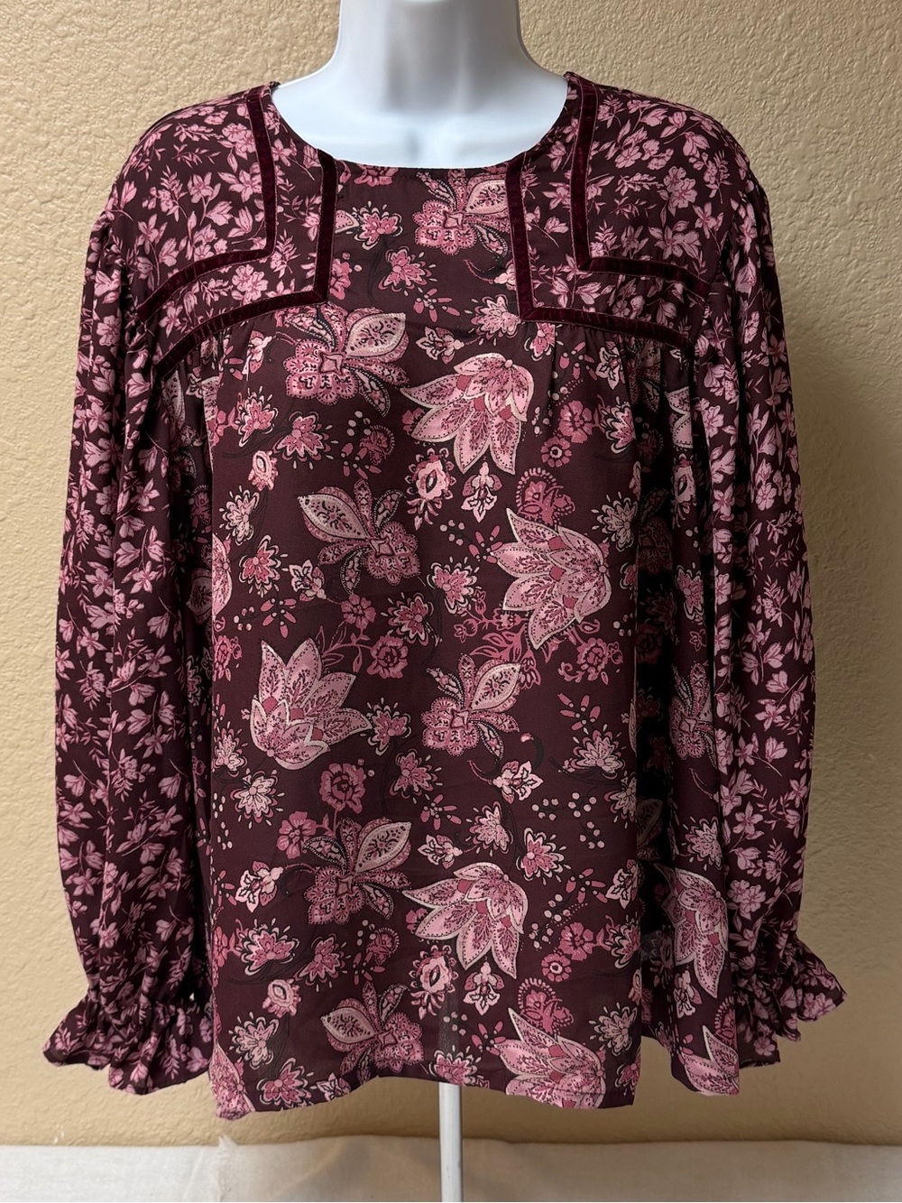 4/$20 Maurices Women's Floral Long-Sleeve Blouse - Burgundy Pink